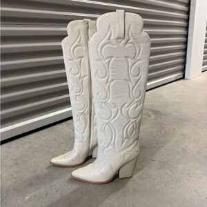JEFFREY CAMPBELL Amigos Lo knee high ivory western boots
